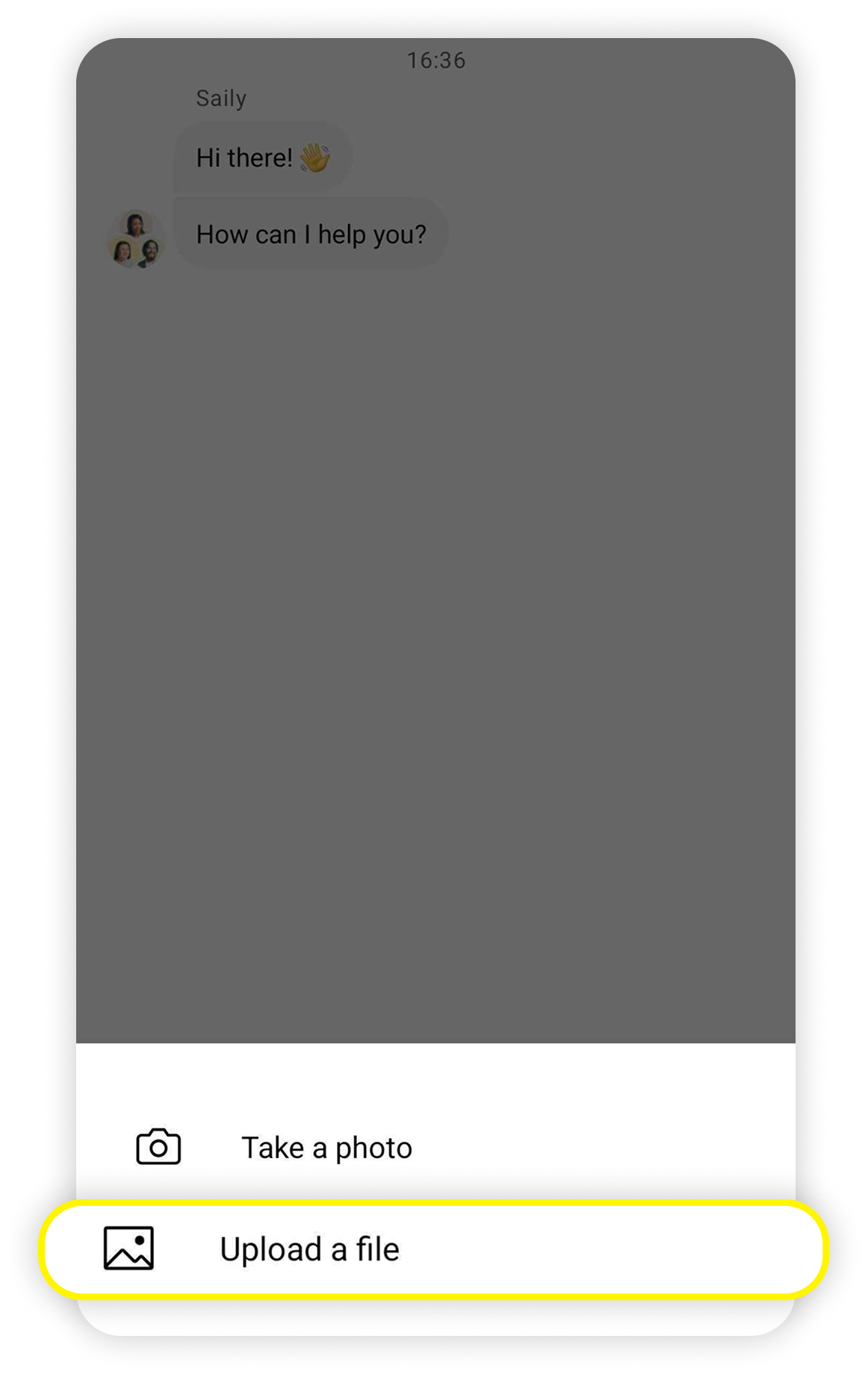 View of Saily Android app support section, upoad a file button is highlighted.png