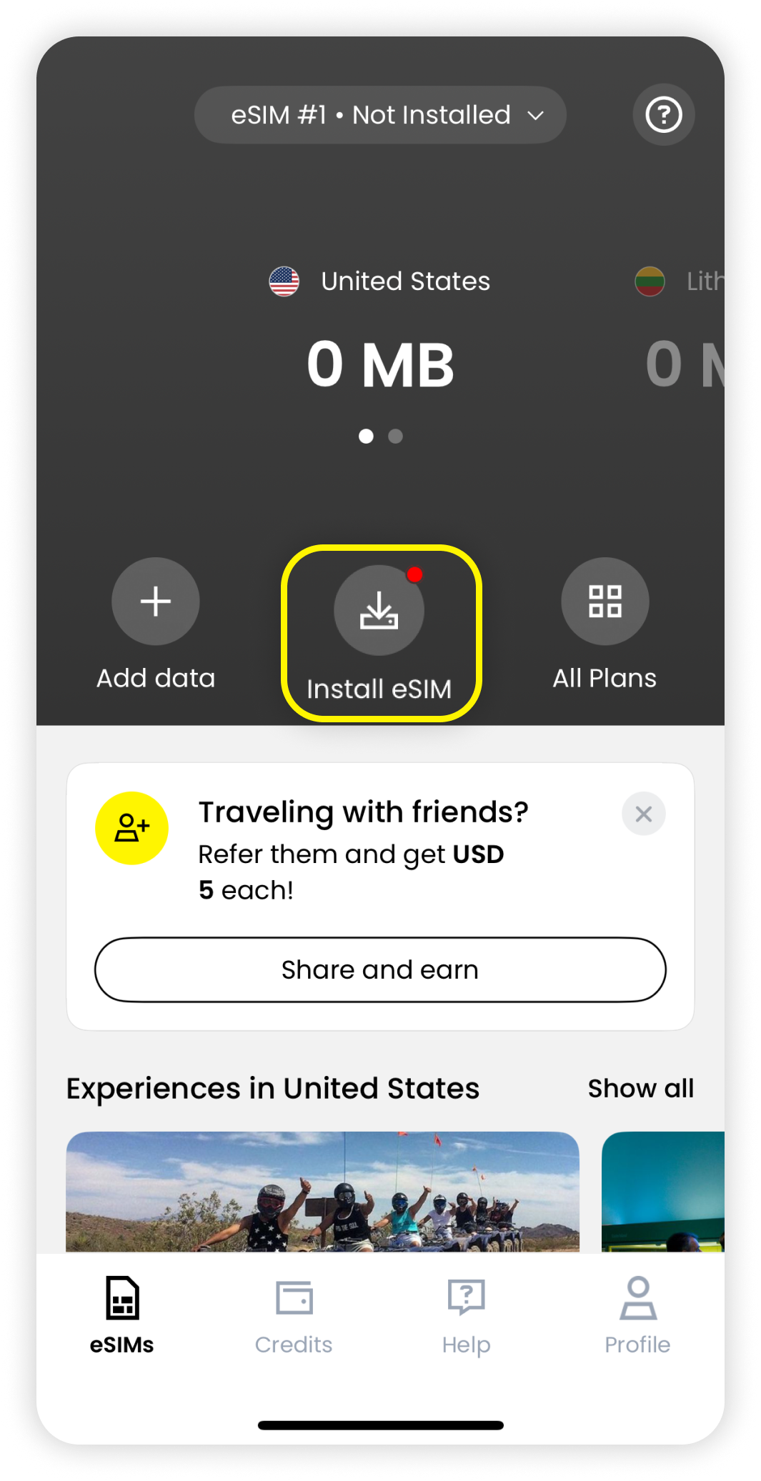 Saily app main page with Install eSIM in the middle highlighted