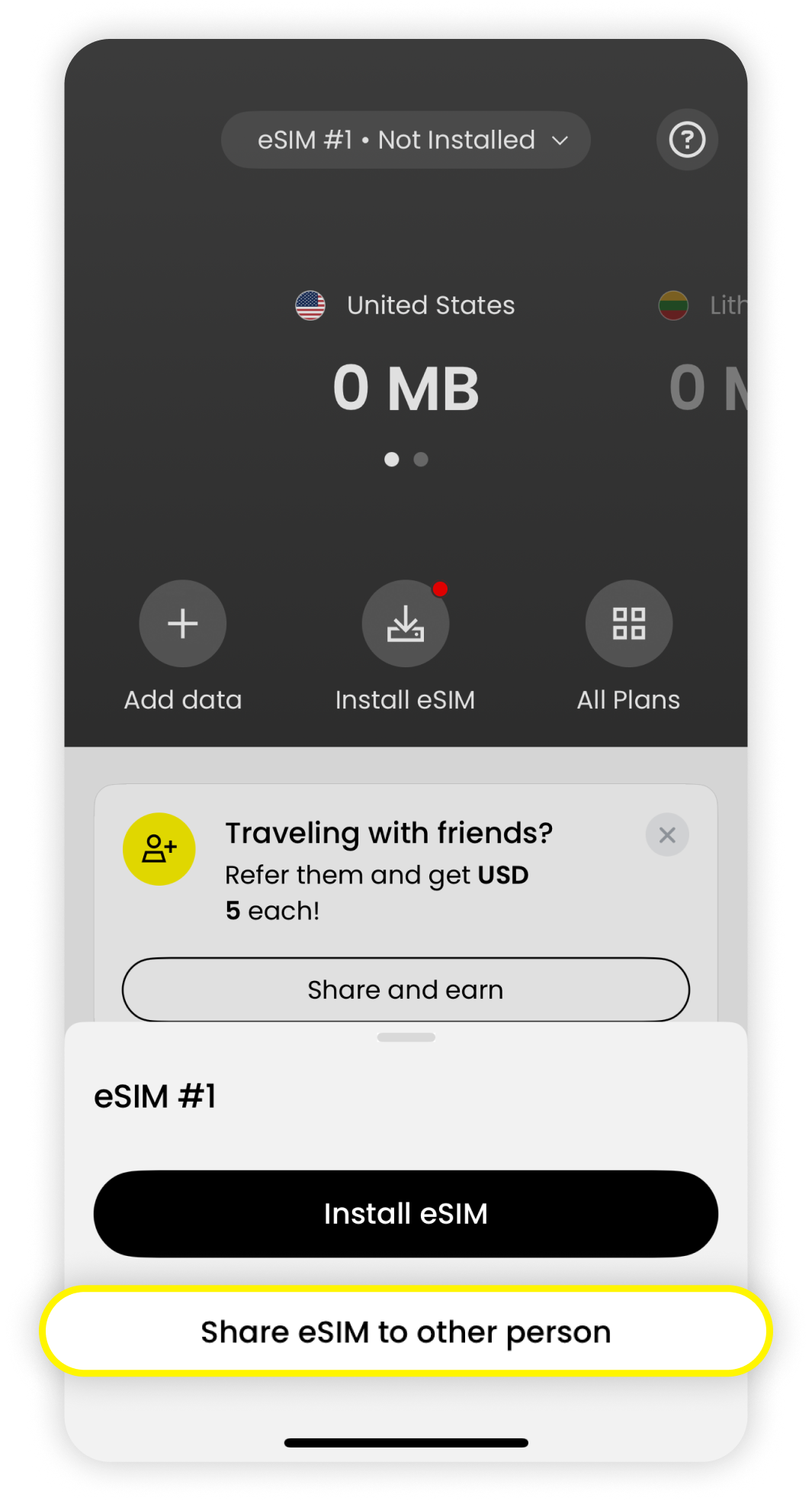 eSIM pop-up with Share eSIM to other person highlighted