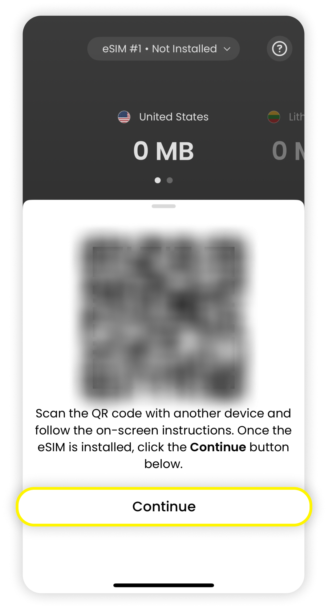 QR code pop-up with Continue highlighted