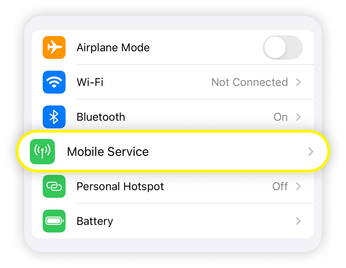 Zobrazení nastavení iOS, tlačítko mobilní služby je zvýrazněno