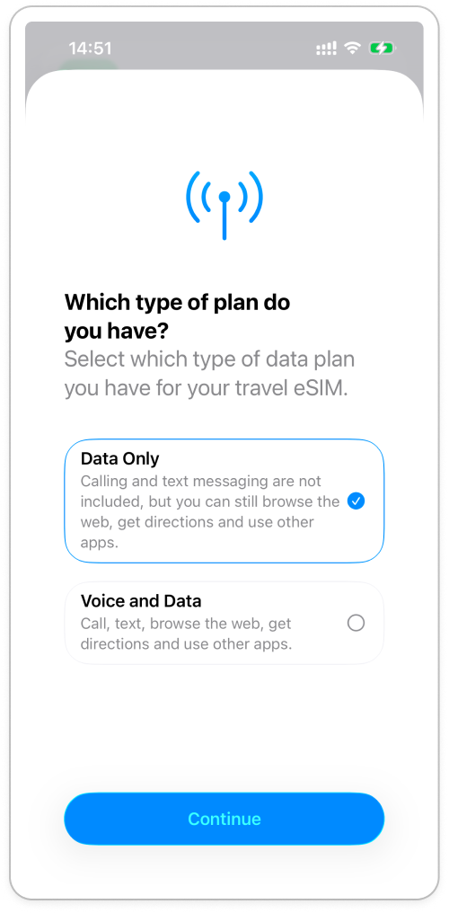 Vyskakovací okno v&nbsp;systému iOS s&nbsp;dotazem na typ tarifu, kde je vybrána možnost Pouze data