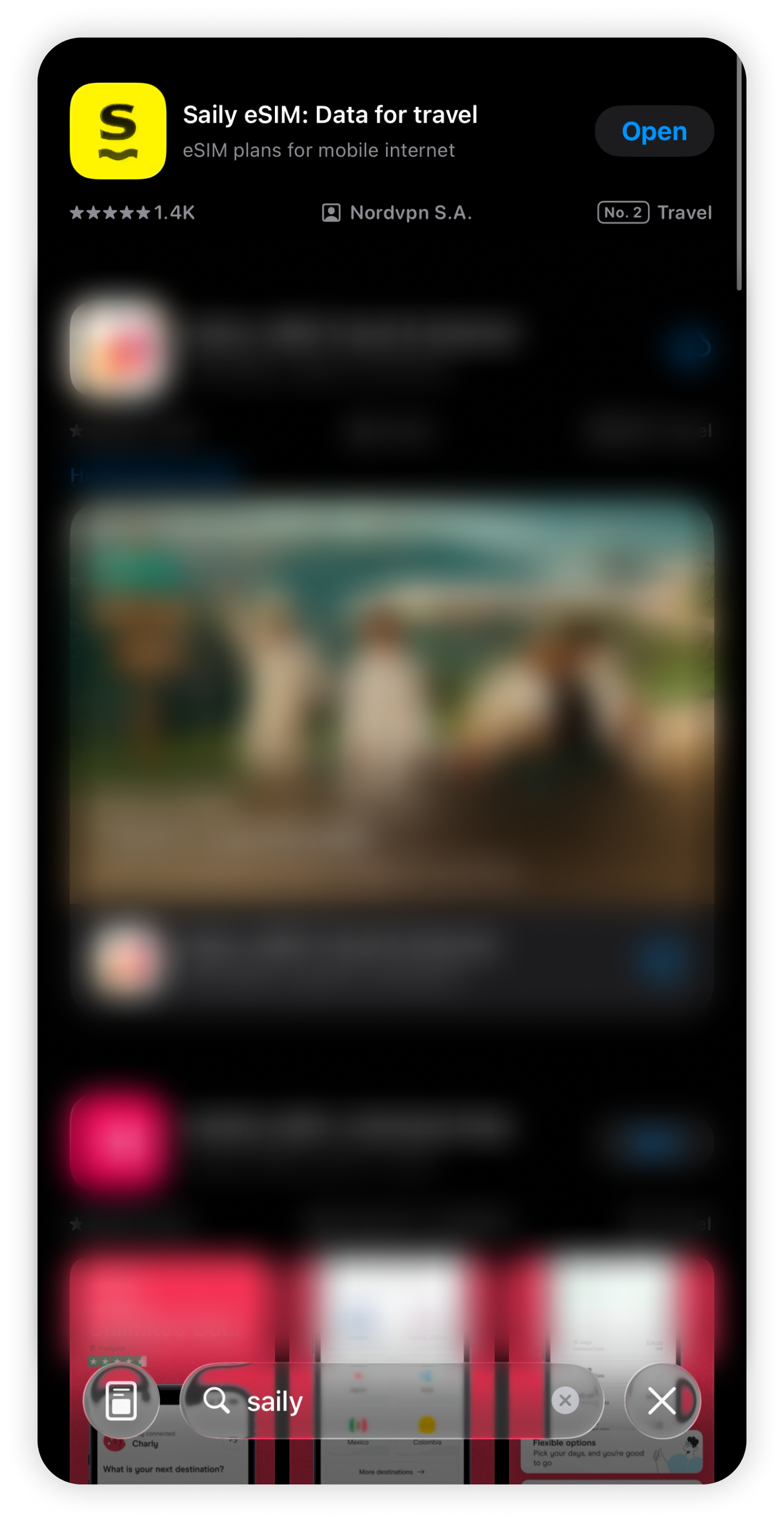 iOS app store with eSIM Saily at the top, showing Open button on the right-side