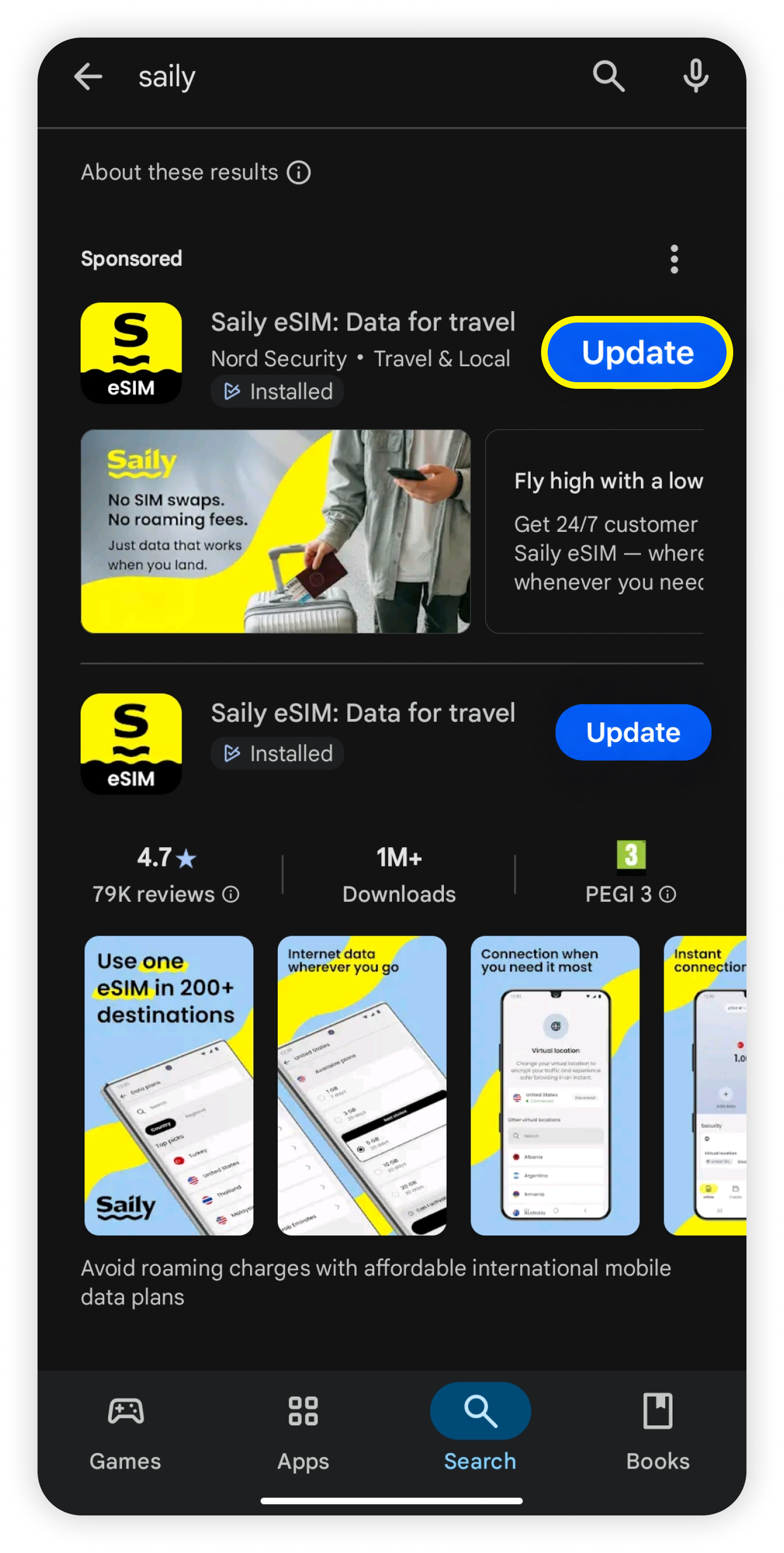 Android Google Play Store, with eSIM Saily visible at the top, Update button highlighted