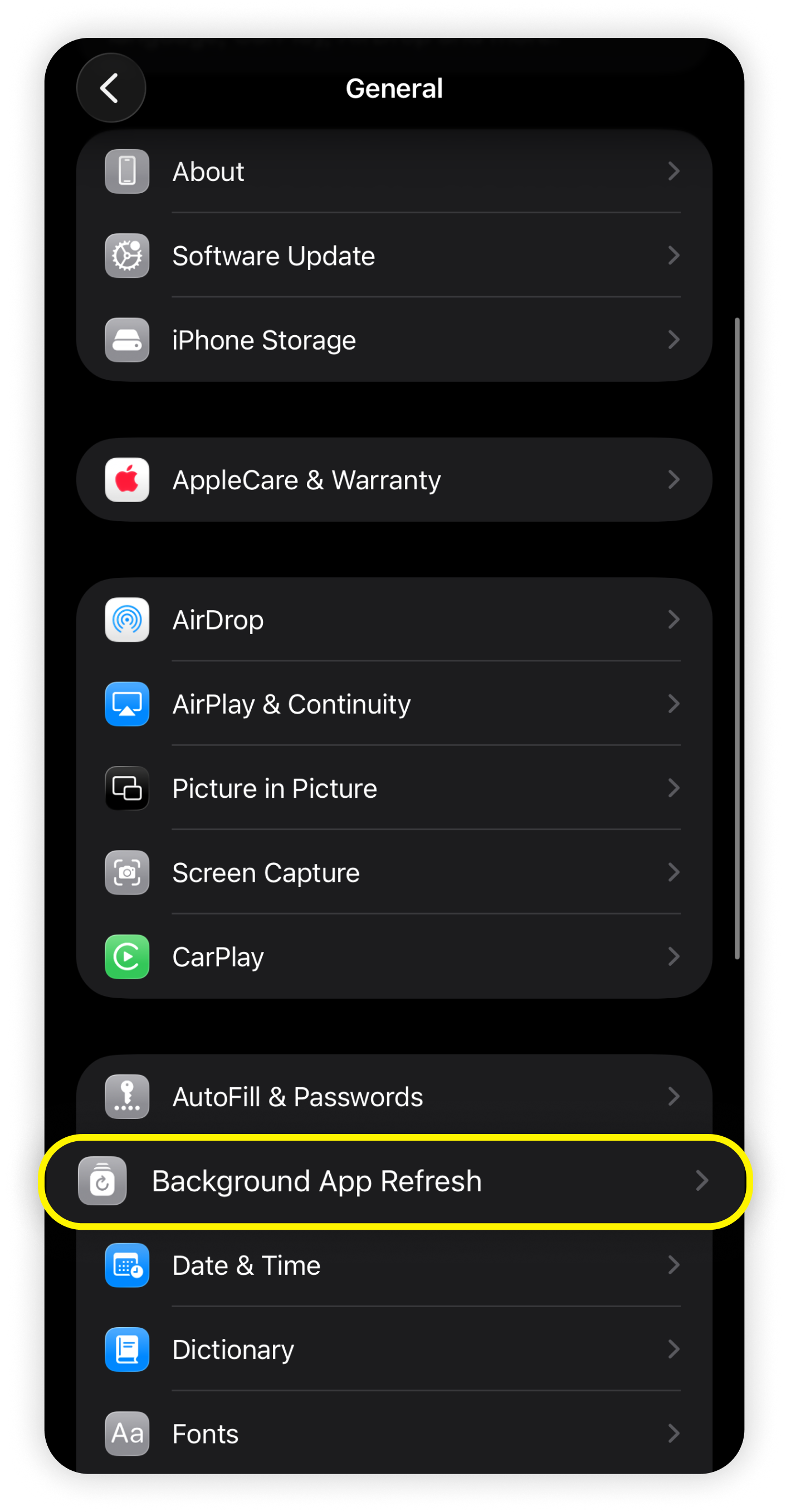 Nabídka Obecné nastavení v iOS se zvýrazněnou možností Obnovení aplikace na pozadí