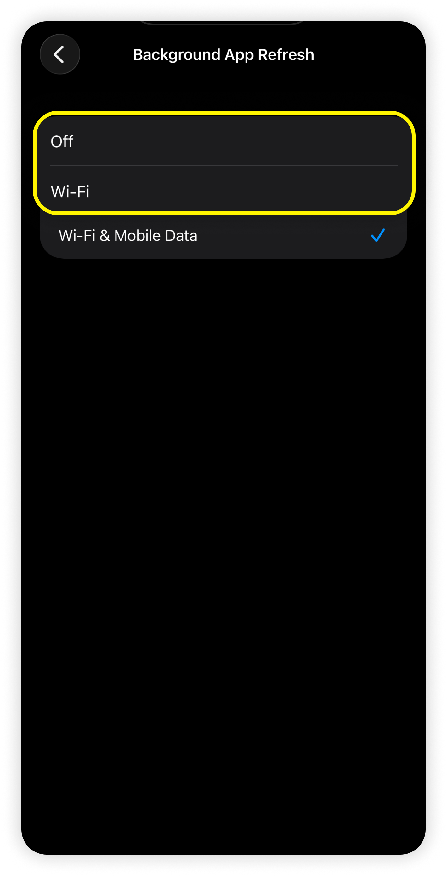 Nabídka Obnovení aplikace na pozadí se zvýrazněnými možnostmi Vypnuto a Wi-Fi