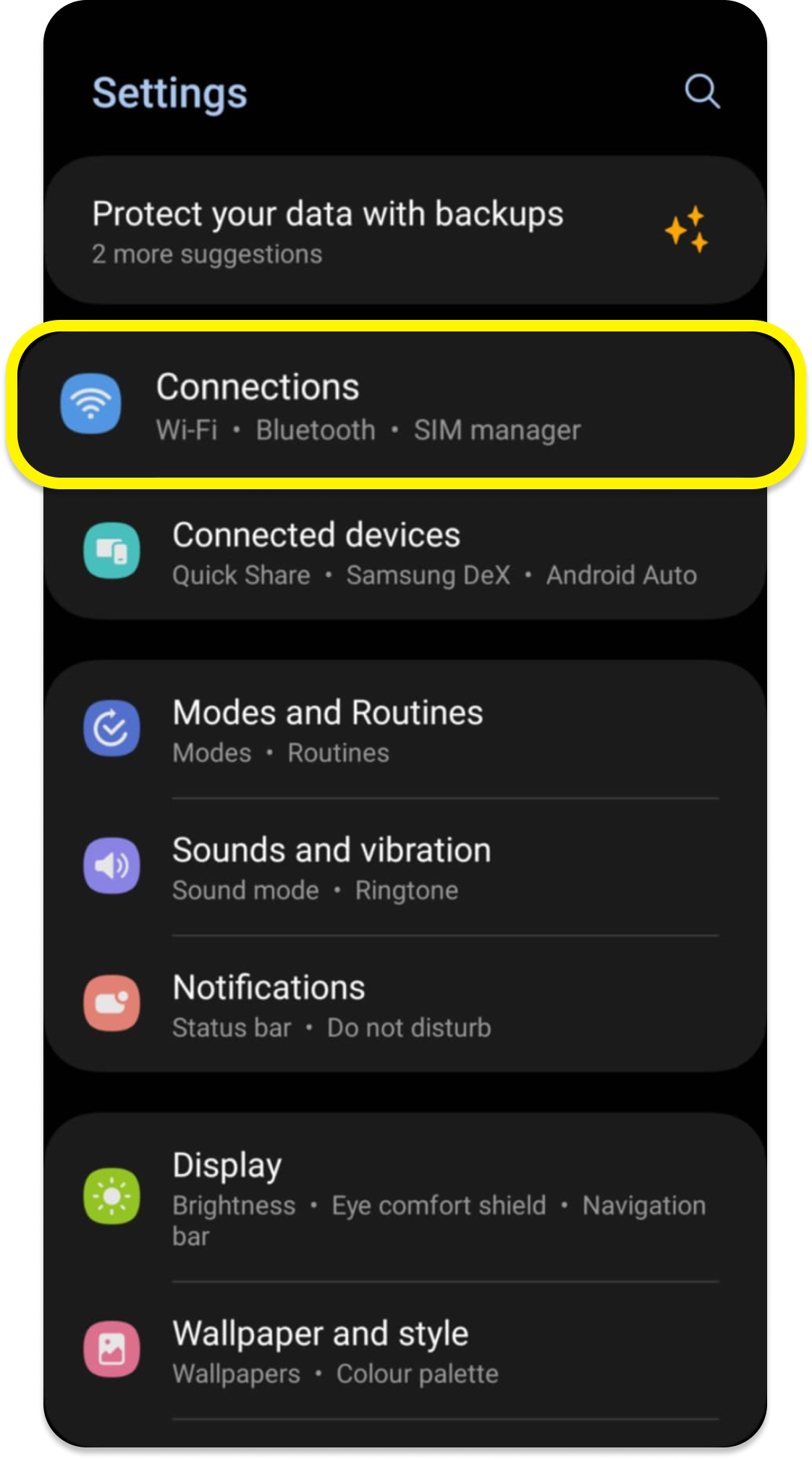 Nabídka nastavení Androidu se zvýrazněnou položkou Připojení