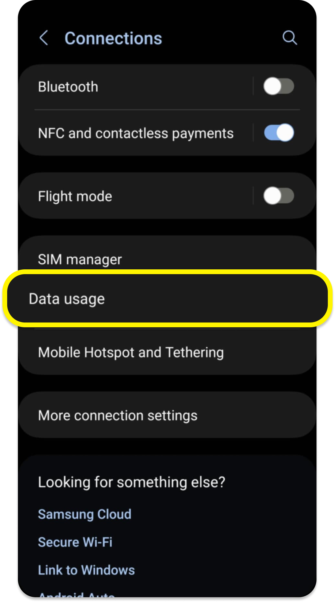 Nabídka nastavení připojení v systému Android se zvýrazněným využitím dat