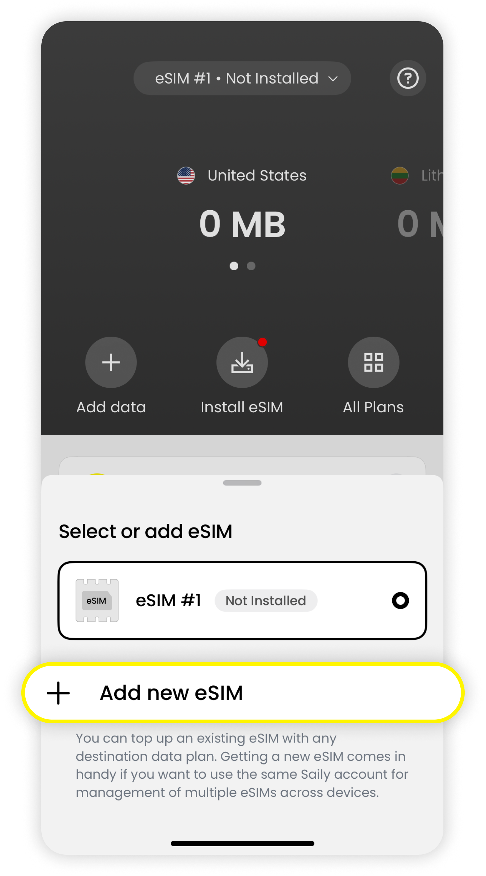 Vyskakovací okno eSIM karty se zvýrazněnou možností Přidat novou eSIM kartu