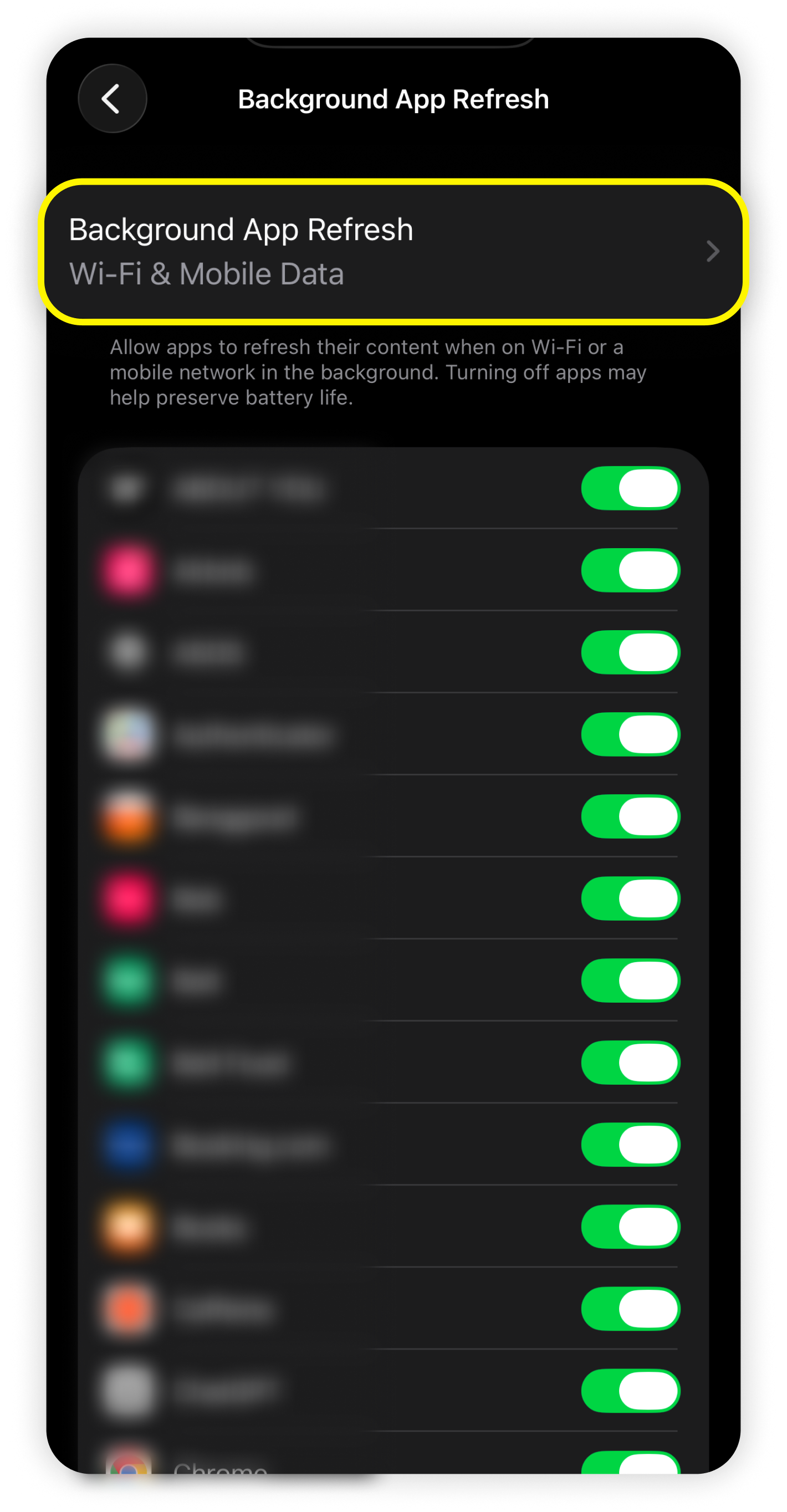 Menú de Actualización de las apps en segundo plano con Actualización de las apps en segundo plano resaltado