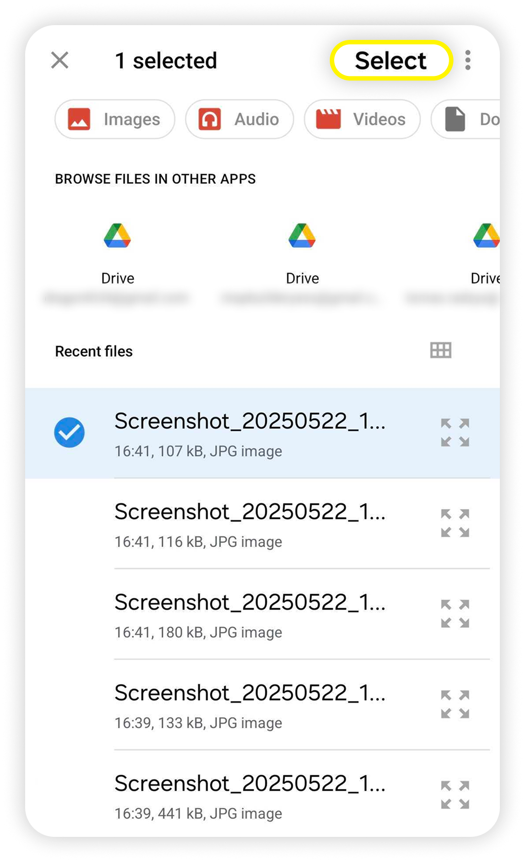 Zobrazení výběru souborů v systému Android, tlačítko vybrat je zvýrazněno