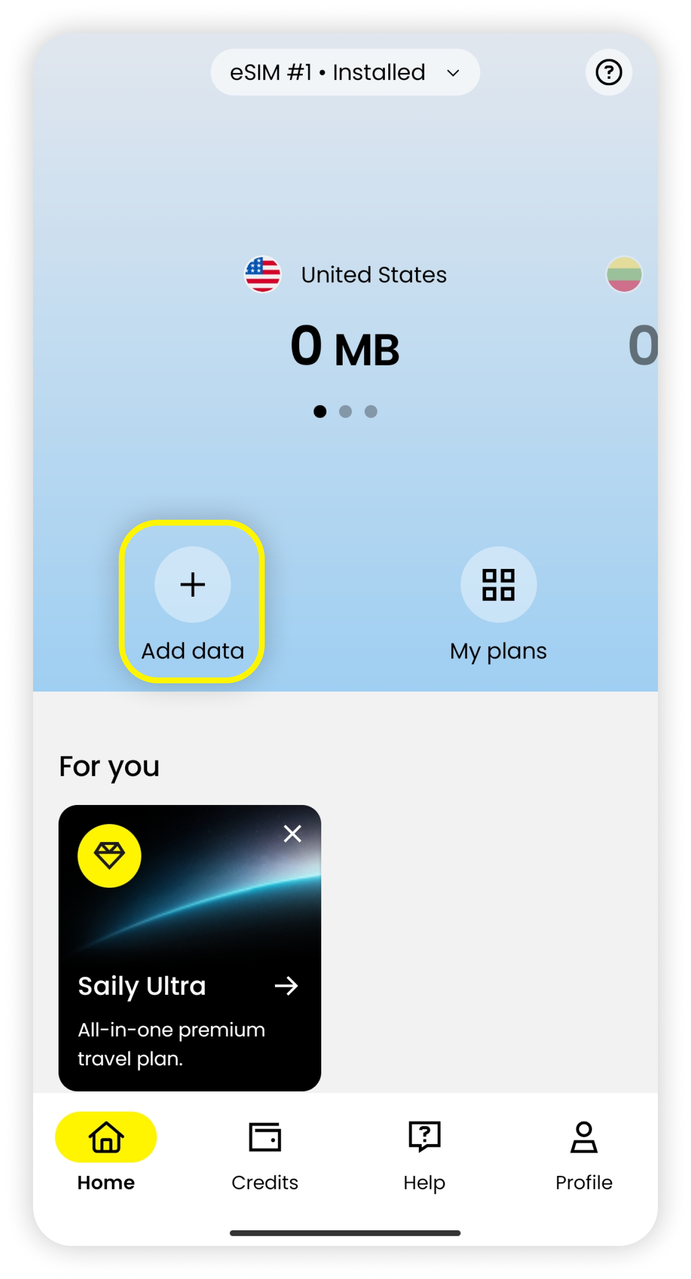 Pantalla principal de la app Saily con Añadir datos resaltado