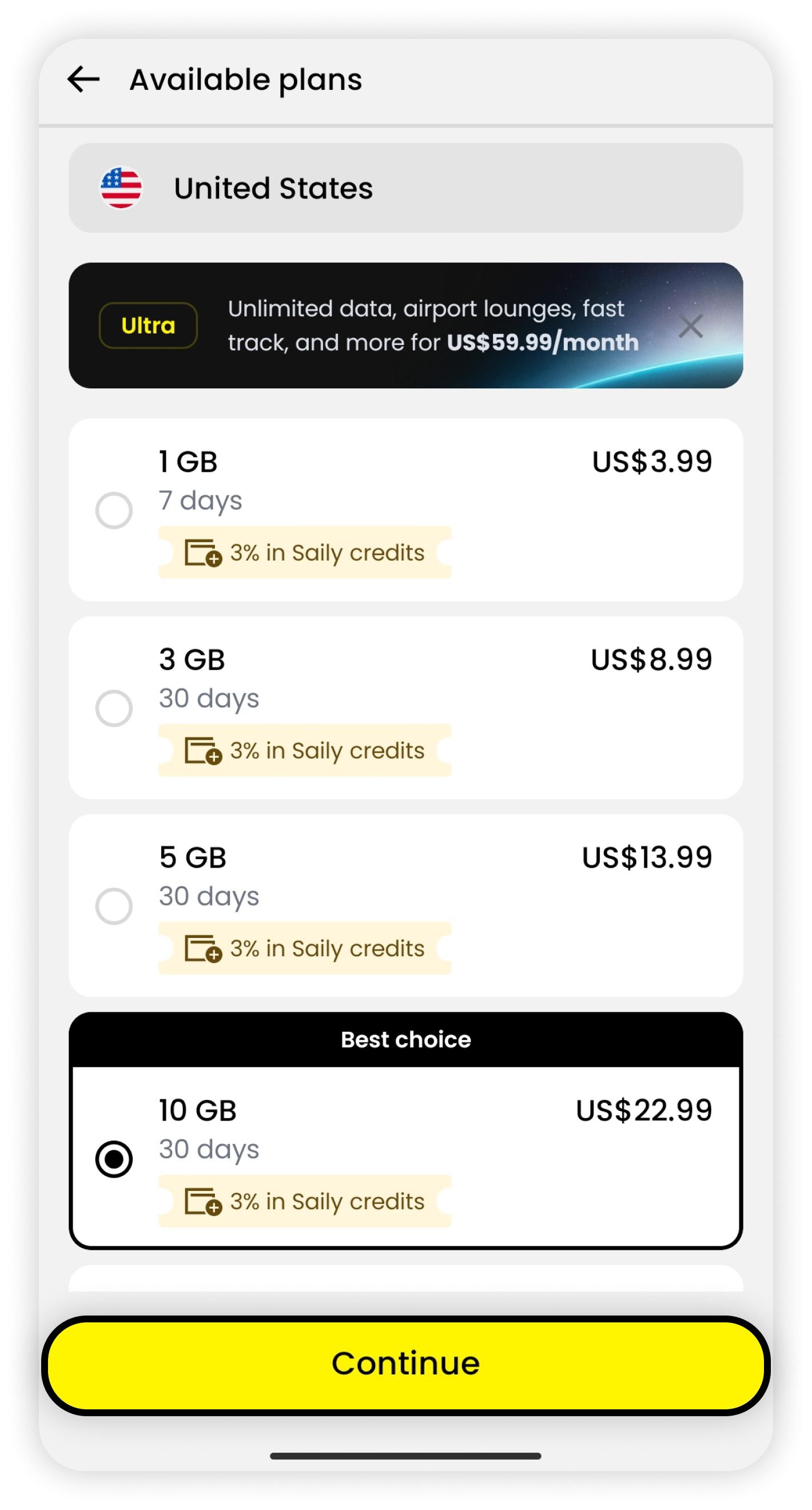 Imagen de los planes de datos disponibles
