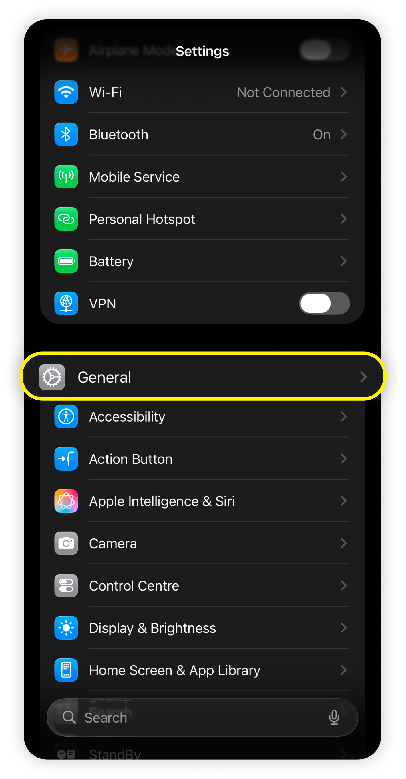 Menú de Configuración de iOS con General resaltado