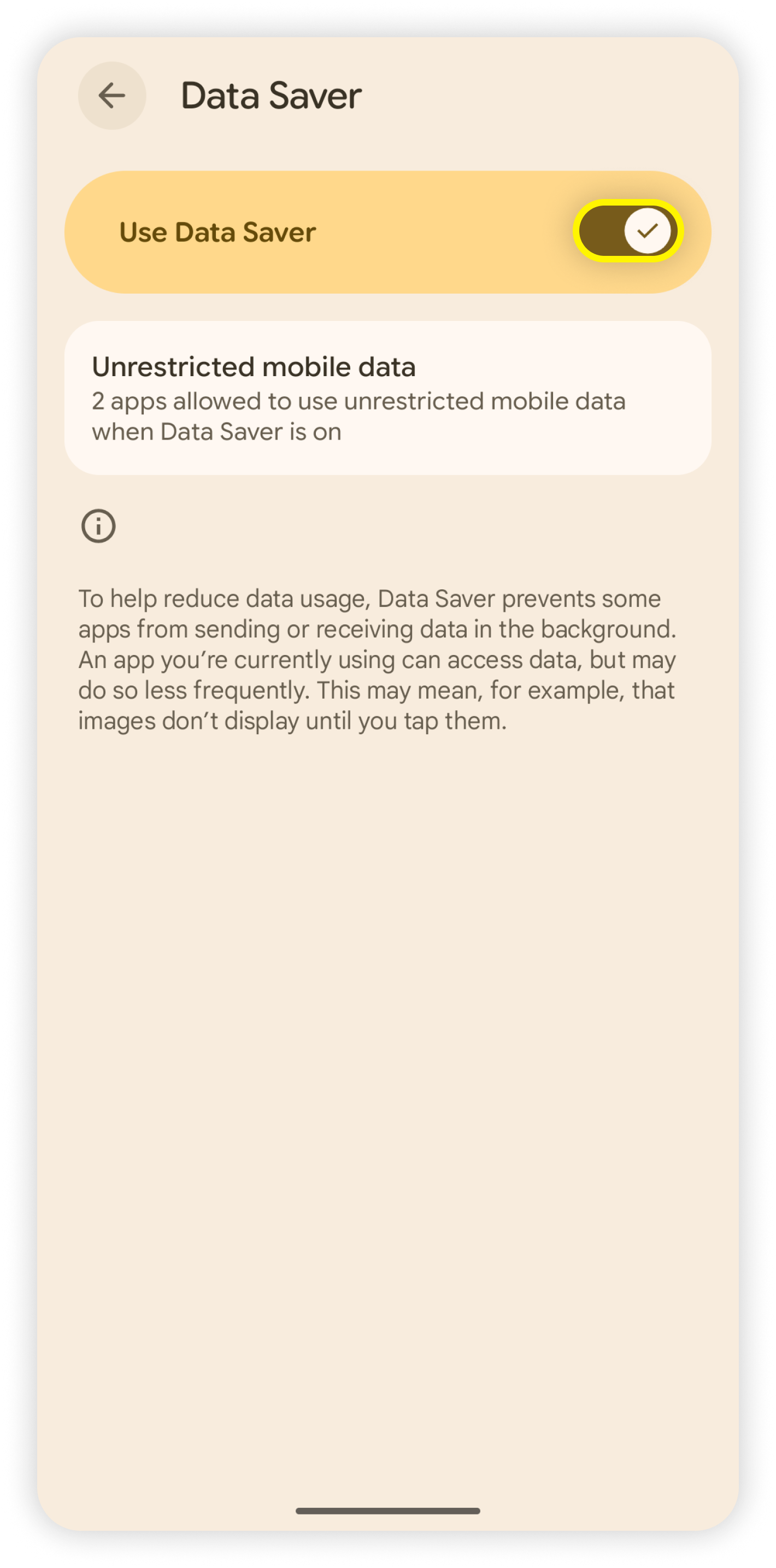 Menú de Ahorro de datos con Ahorro de datos del usuario activado y resaltado