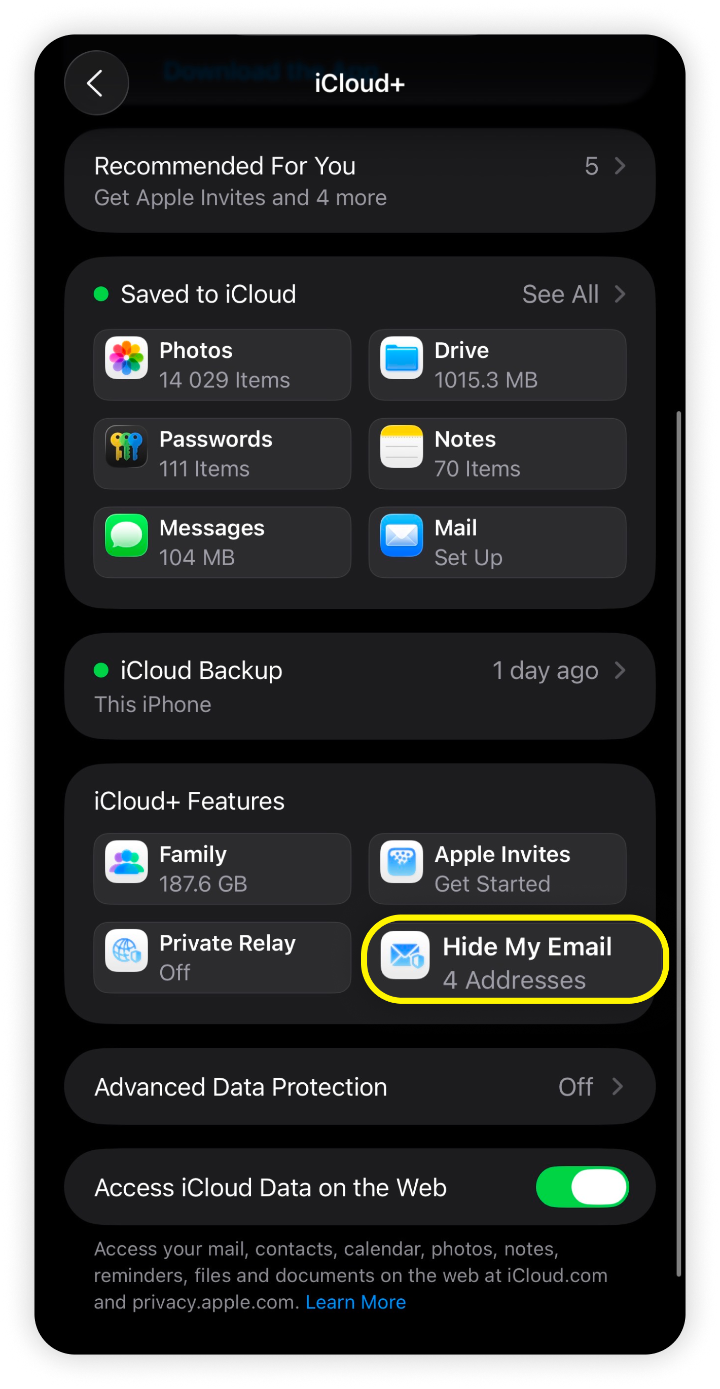 Pagina iCloud con Nascondi il mio indirizzo email evidenziato sotto Funzionalità iCloud