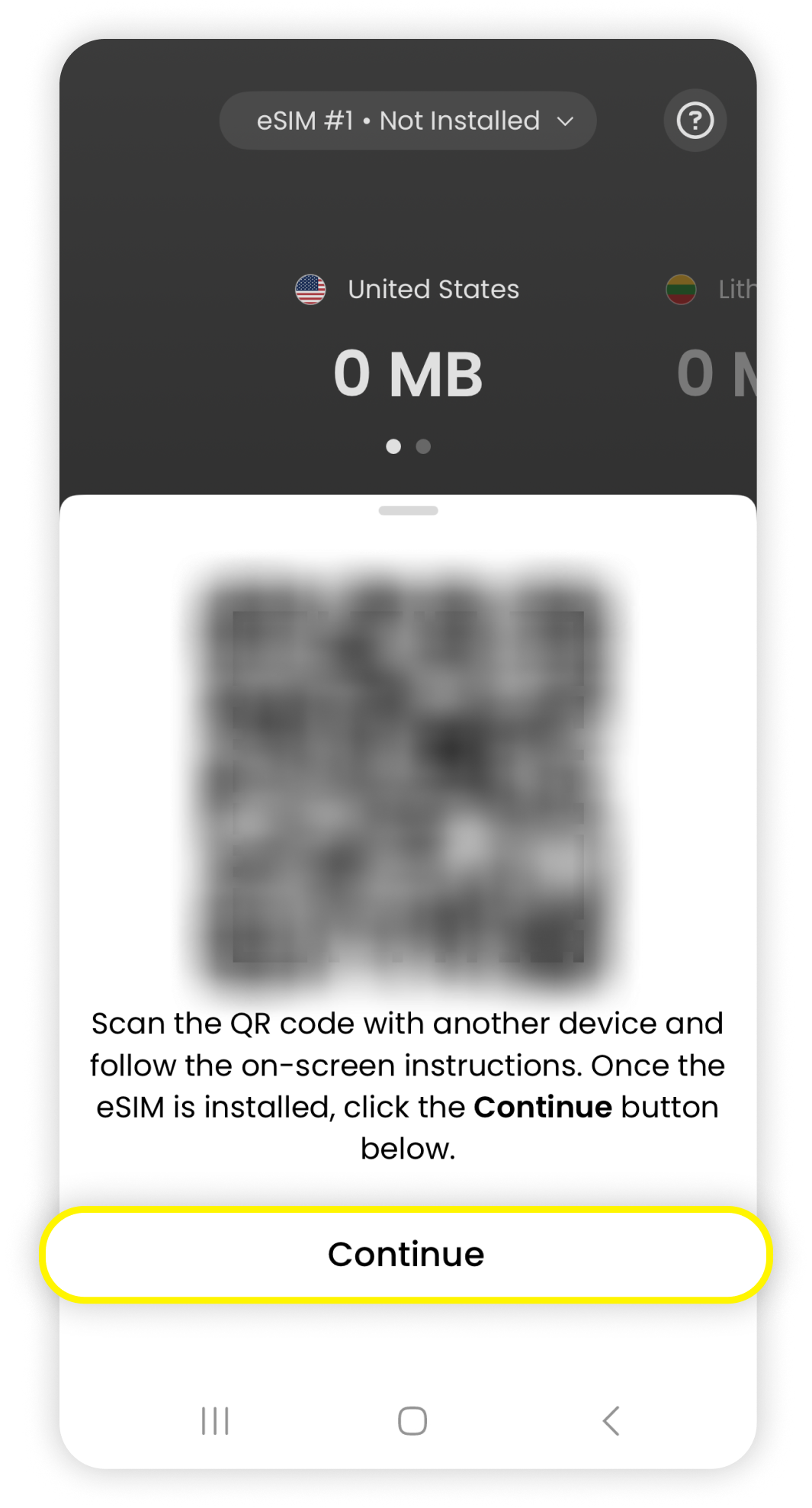 Vyskakovací okno QR kódu se zvýrazněným tlačítkem Pokračovat