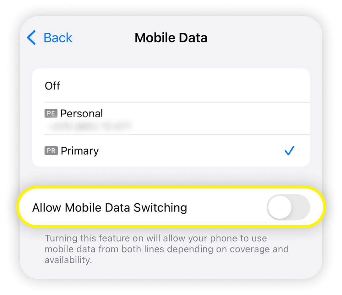 Zobrazení nastavení mobilních dat v systému iOS, tlačítko povolit přepínání mobilních dat je zvýrazněno