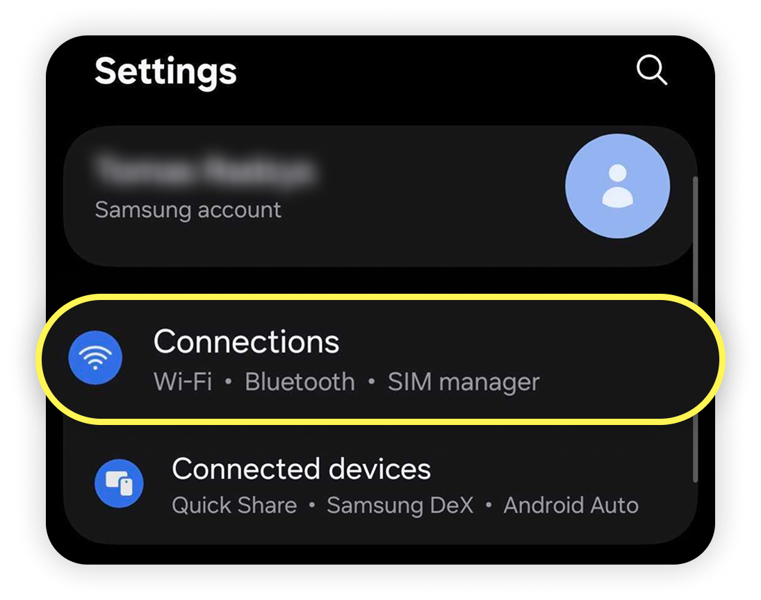 Nabídka nastavení Androidu se zvýrazněným připojením