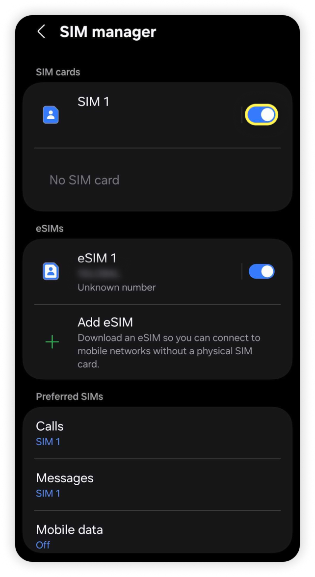 Zobrazení správce SIM karet v systému Android se zapnutým a zvýrazněným tlačítkem SIM 1