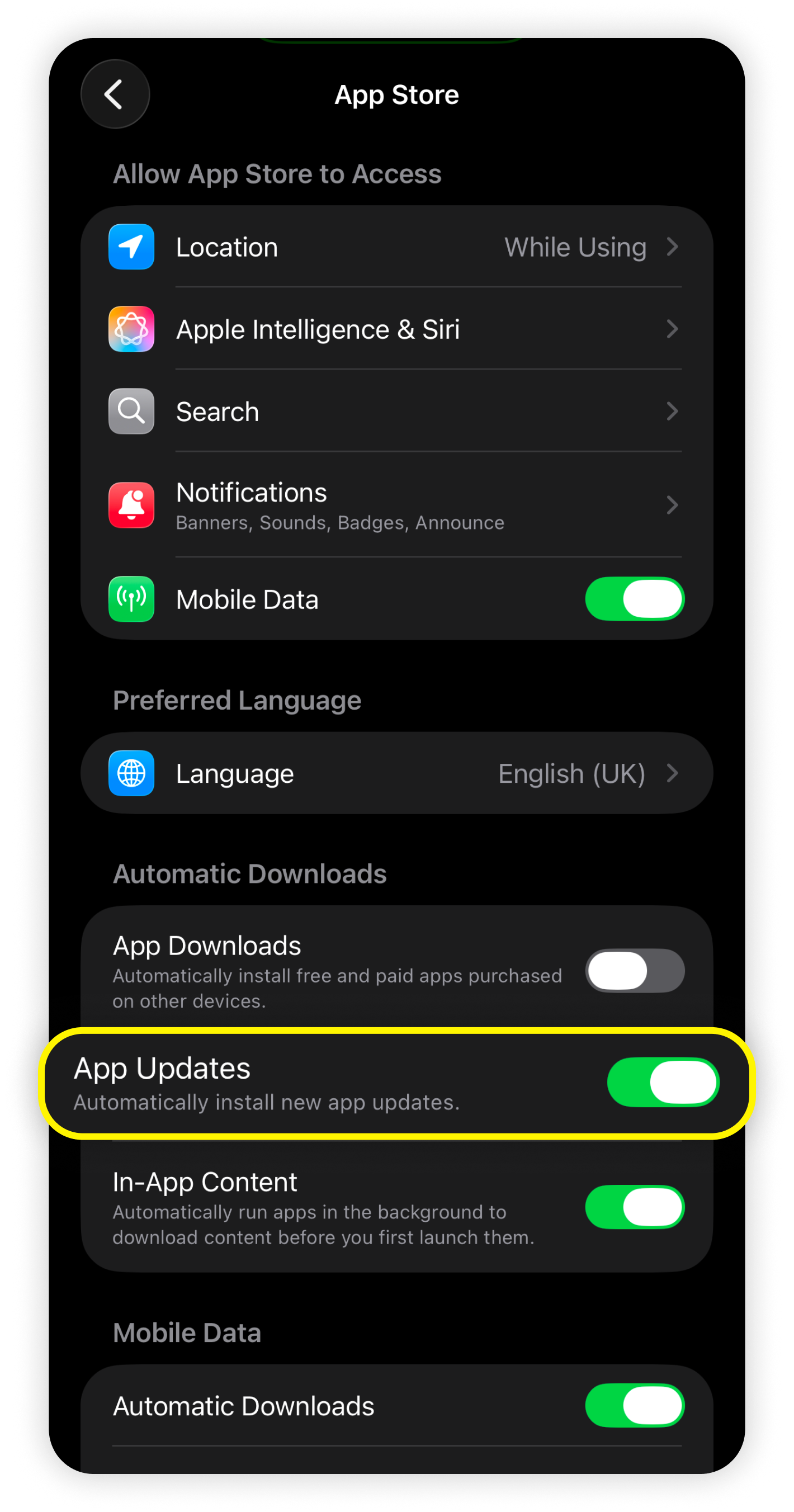 Stránka App Store v iOS, zvýrazněno Aktualizace aplikací