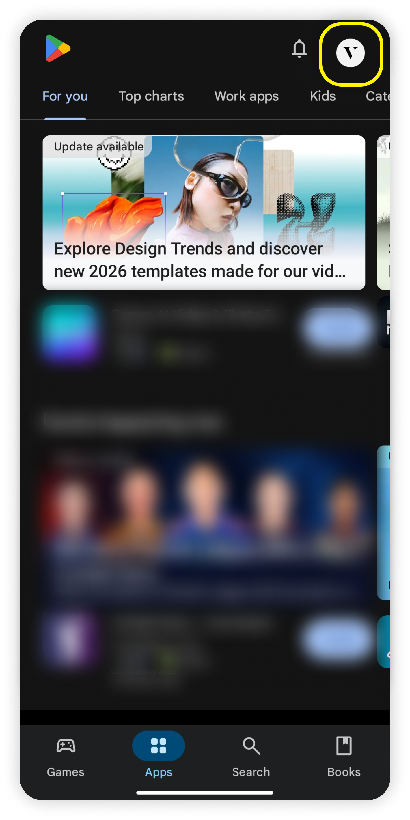 Play Store, User icon highlighted on the top-right