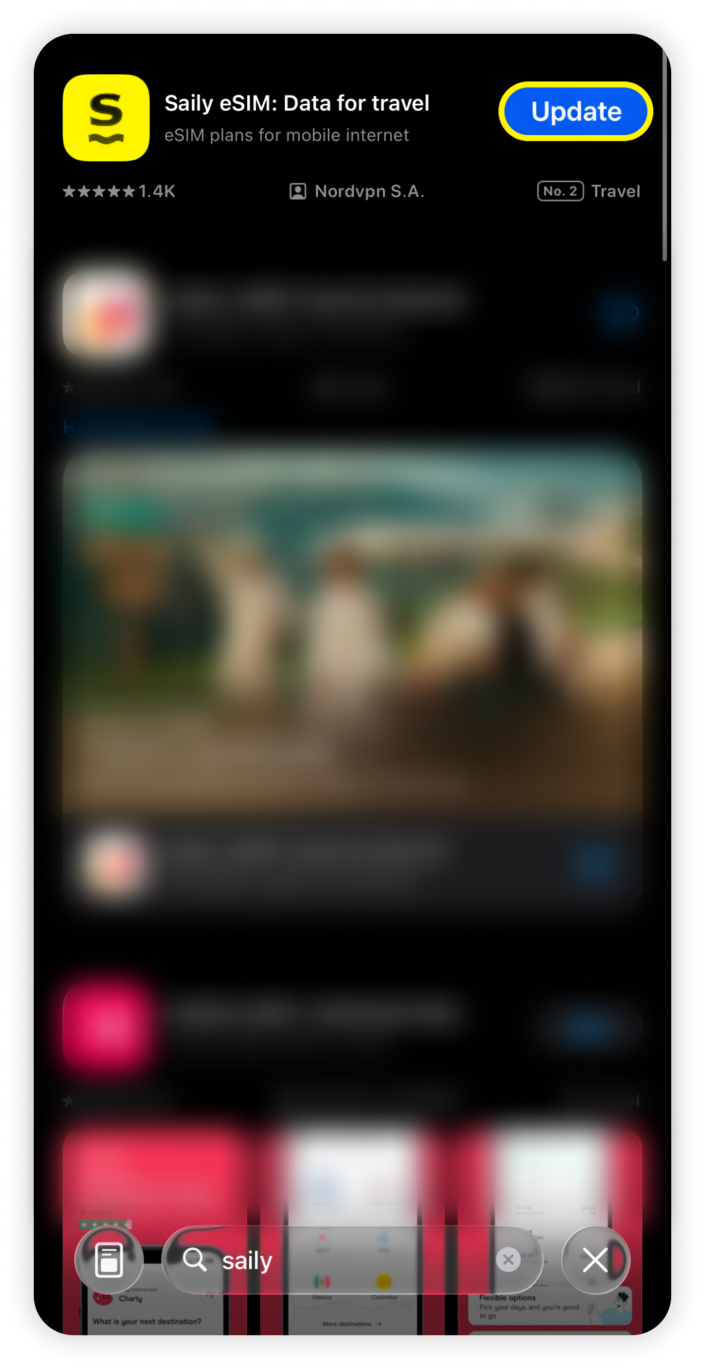 iOS app store, with eSIM Saily visible at the top, Update button highlighted