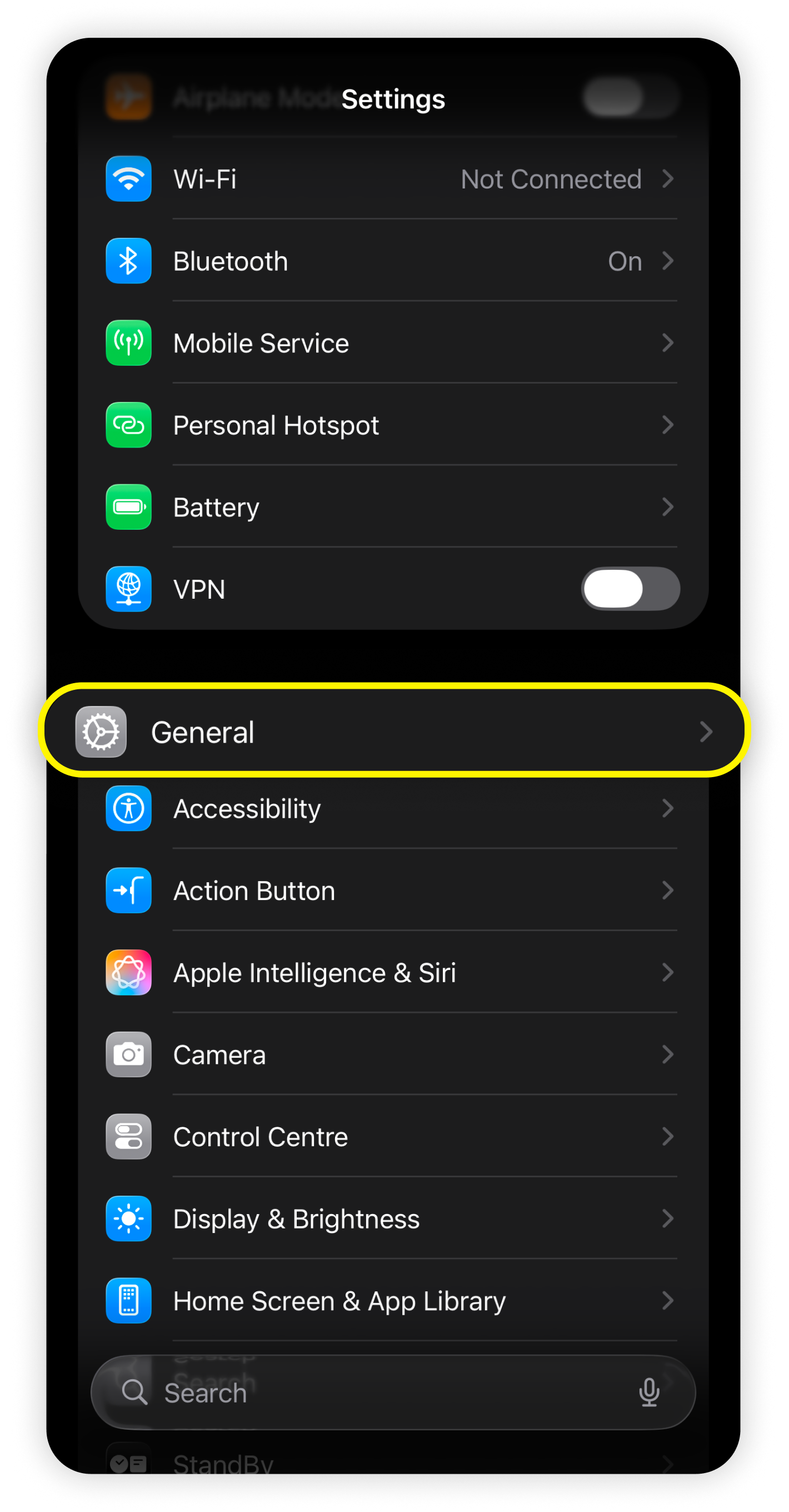 Página de Configuración de iOS con General resaltado