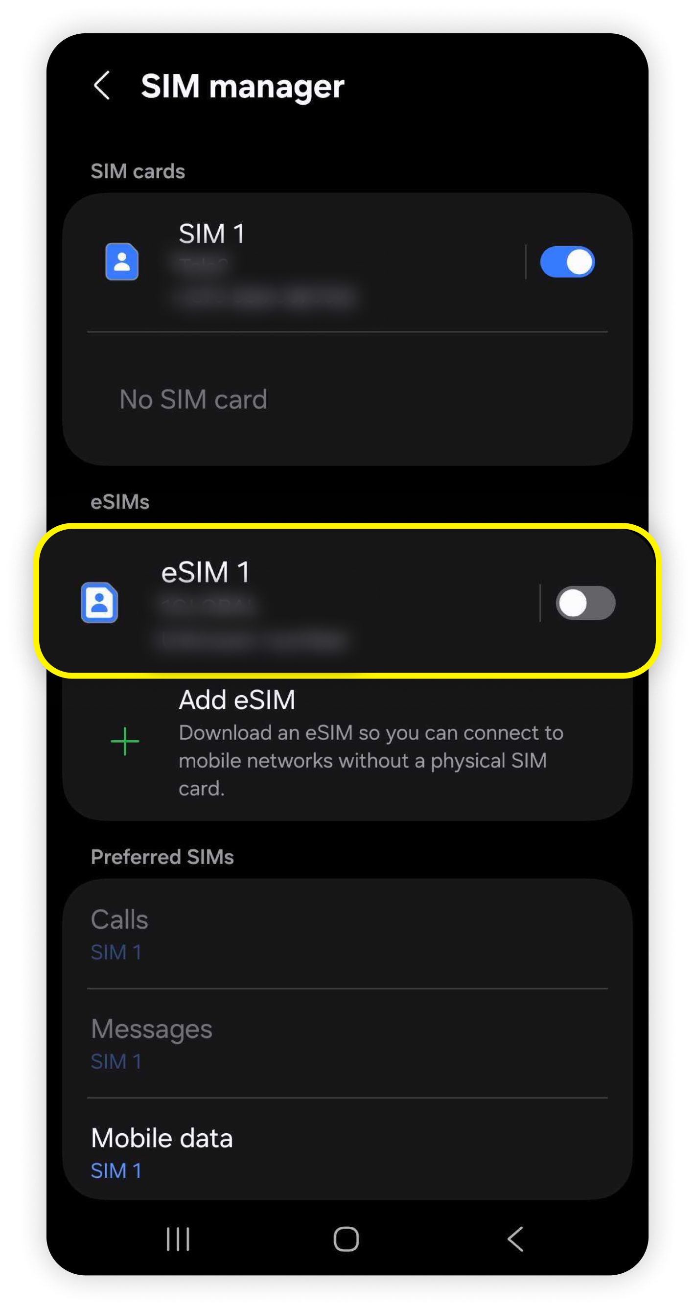 Página del Administrador de SIM con eSIM 1 resaltada y desactivada