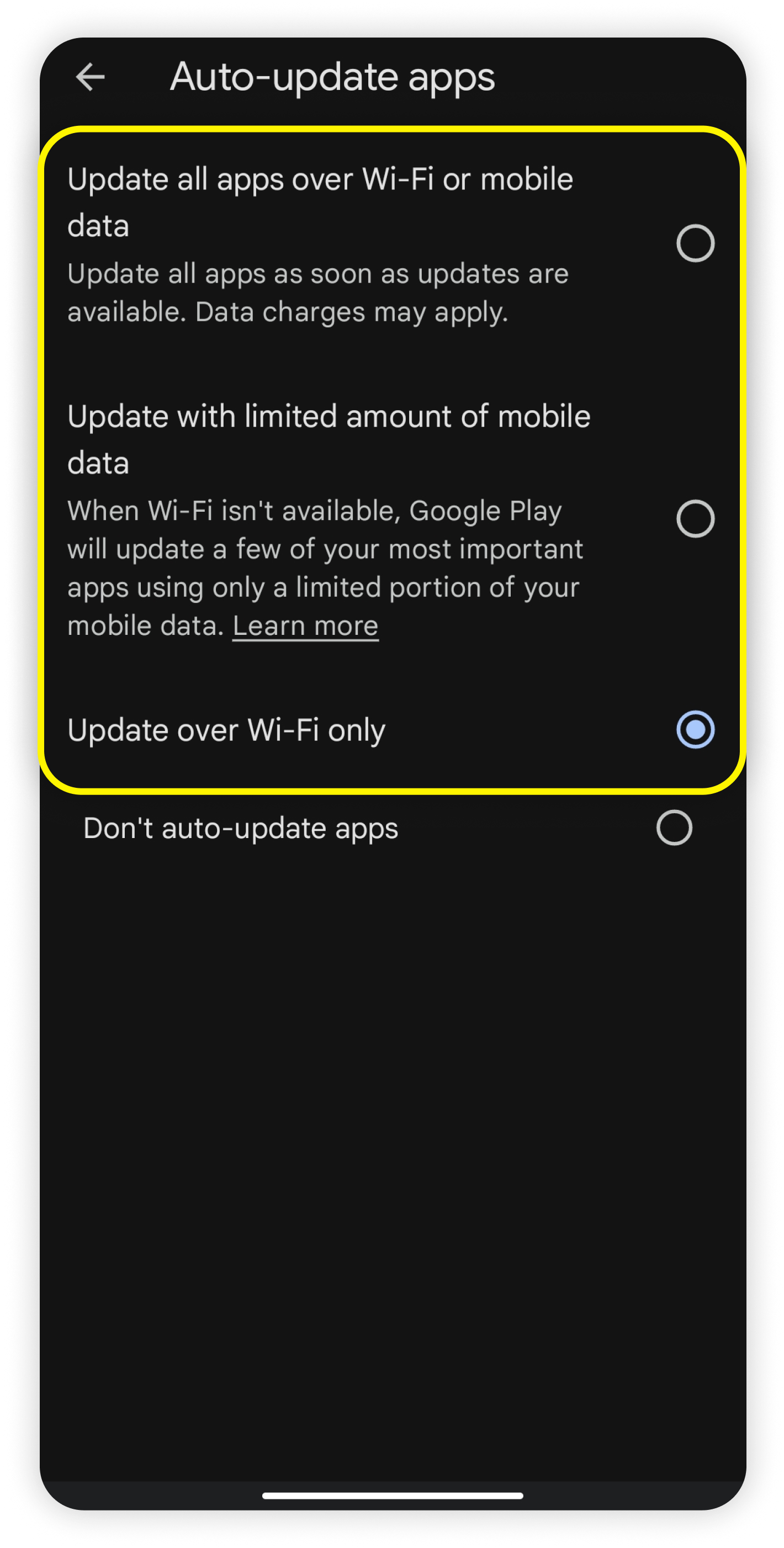 Página de Actualizar apps automáticamente, todo resaltado excepto No actualizar apps automáticamente