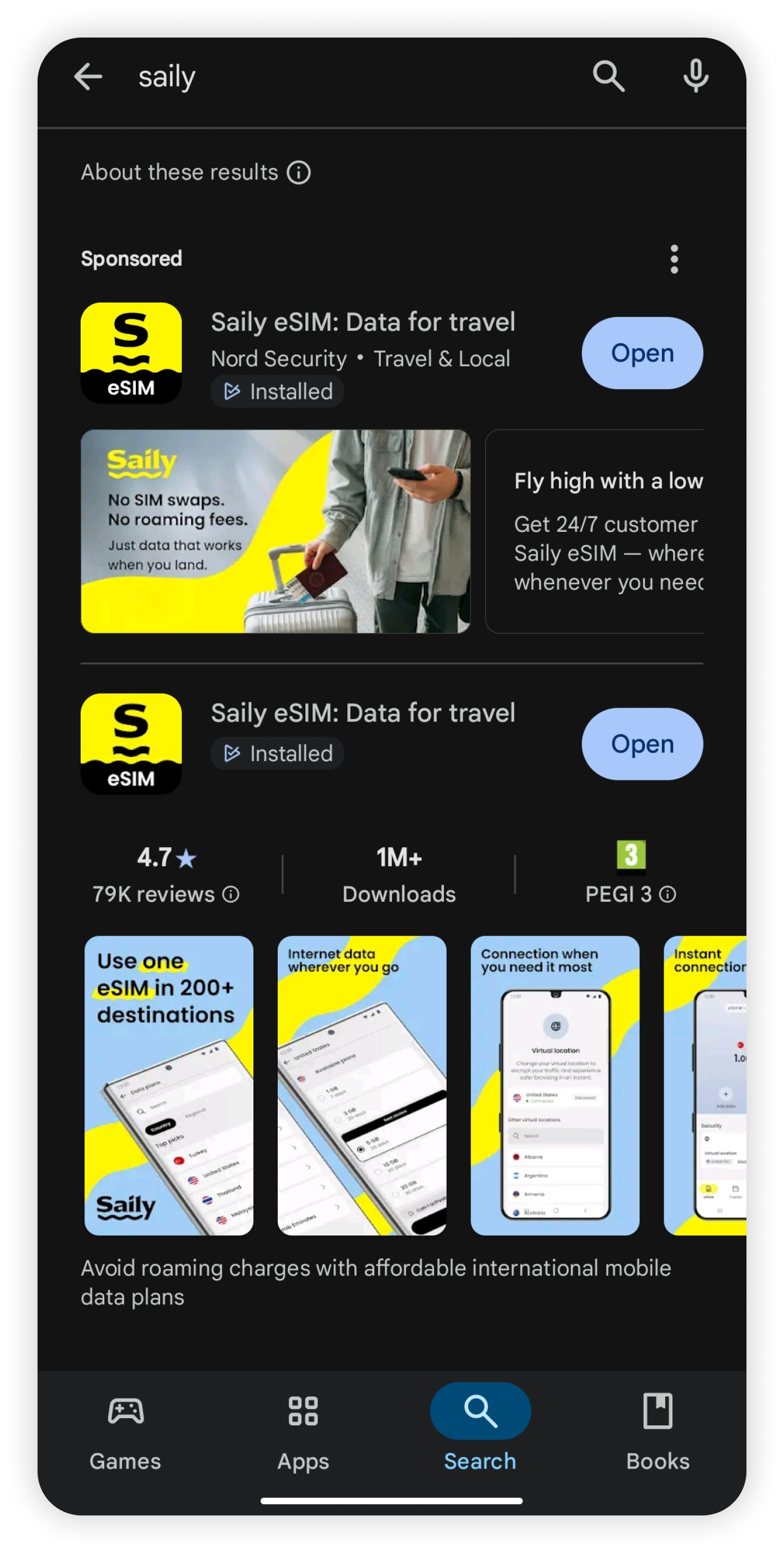 Google Play Store de Android con&nbsp;Saily eSIM&nbsp;en la parte&nbsp;superior y el botón Abrir en el lado derecho
