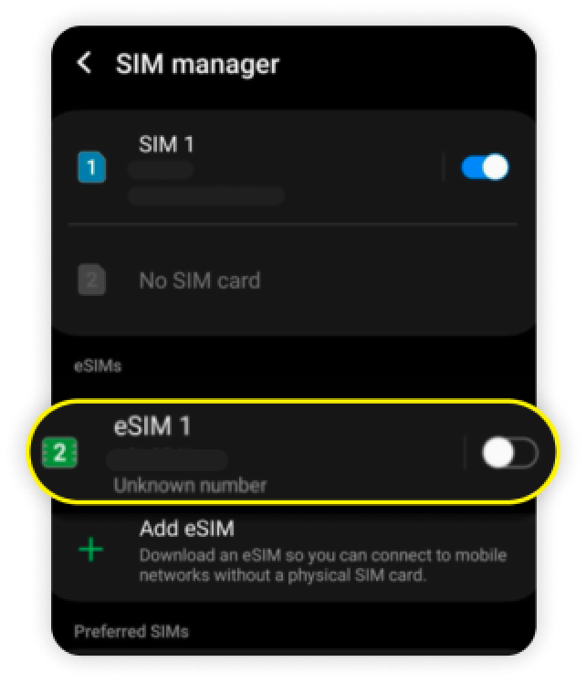Pagina Gestione SIM con eSIM 1 disattivata ed evidenziata