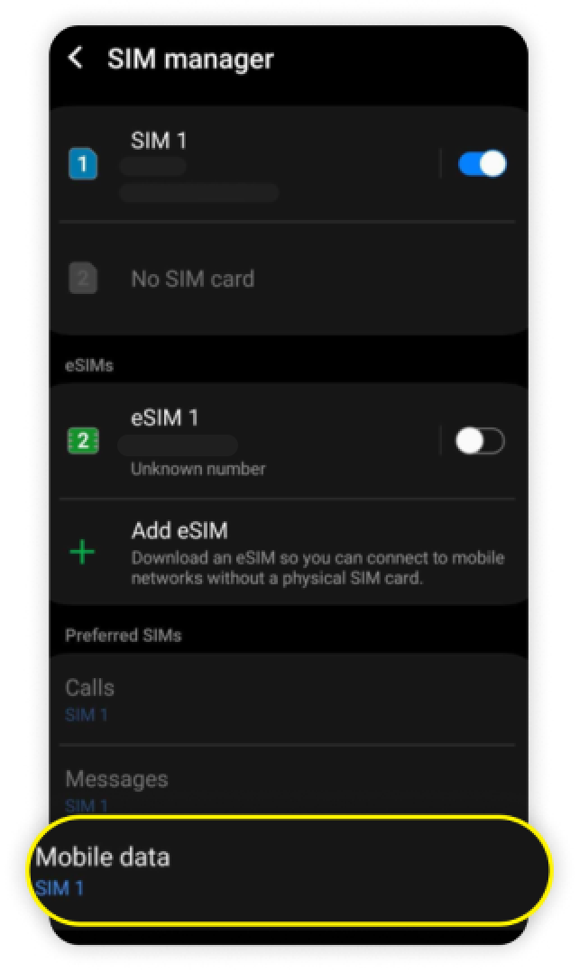 Pagina del gestore SIM con Dati mobili evidenziati