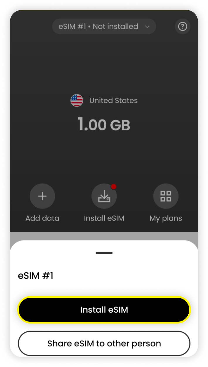 App Saily con eSIM seleccionada, Instalar eSIM resaltado