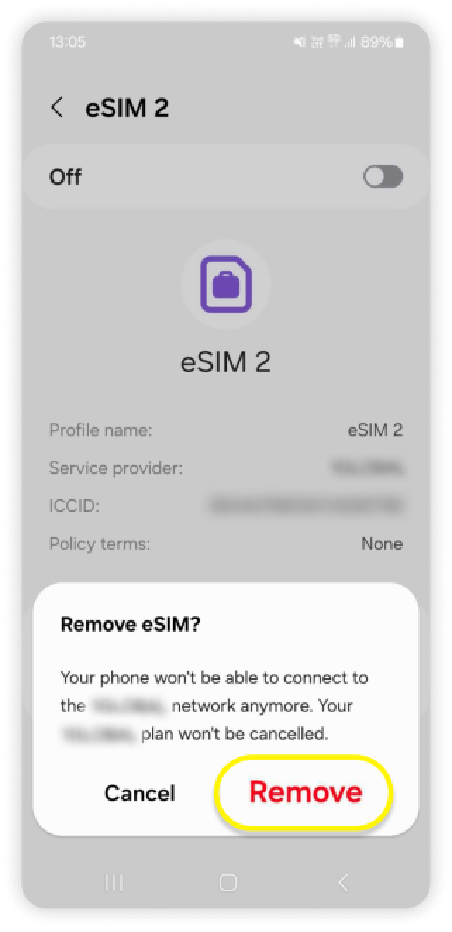 Ventana emergente Eliminar eSIM con Eliminar resaltado