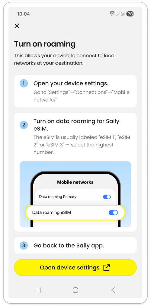 Página del paso para activar el roaming con instrucciones sobre cómo activar el roaming