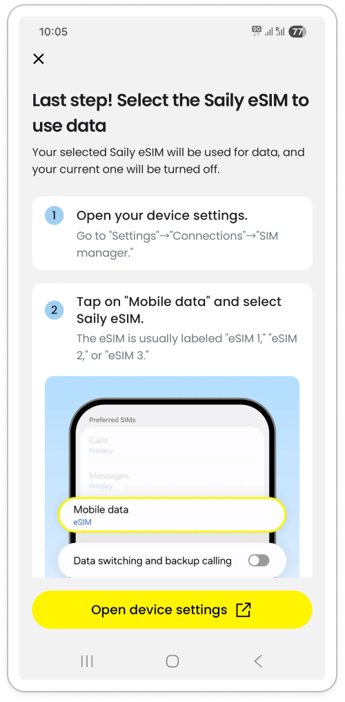 Página del último paso con instrucciones sobre cómo activar la eSIM de Saily para el uso de datos