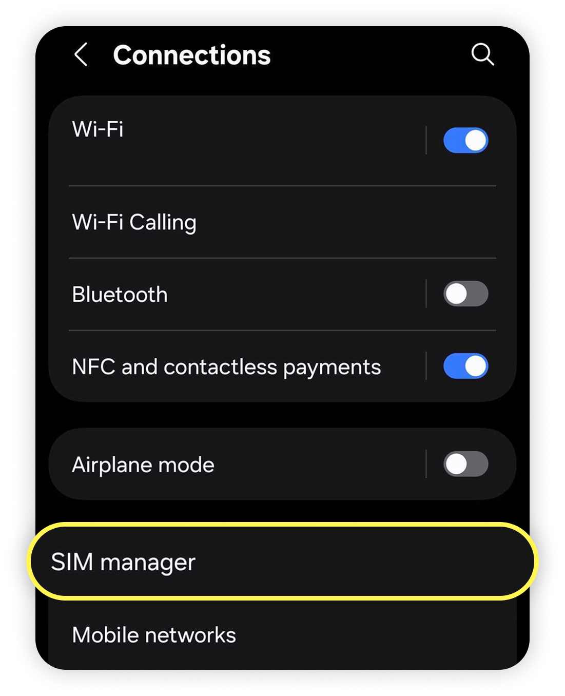 Definições de ligações do Android com o Gestor de SIM em destaque