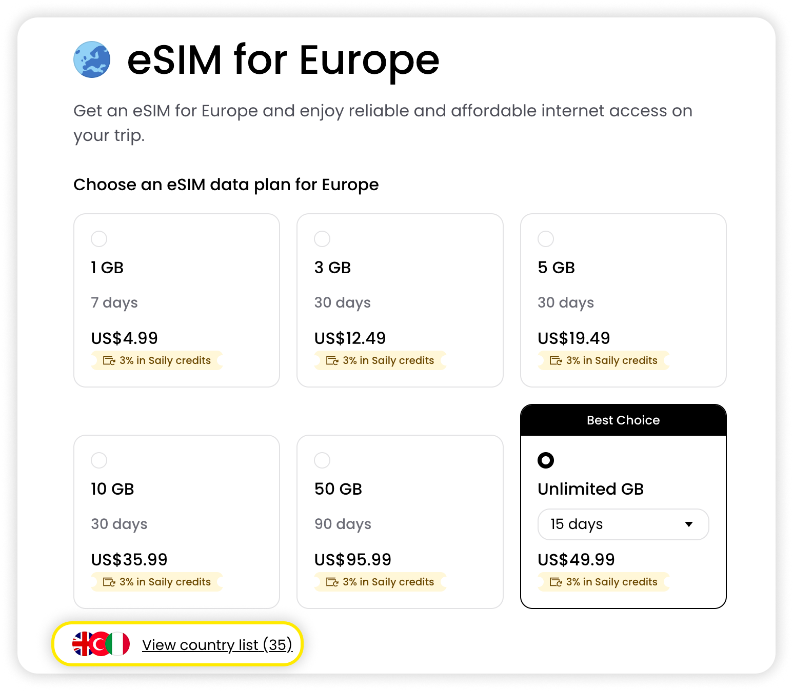 eSIM-pagina met selectie van databundel