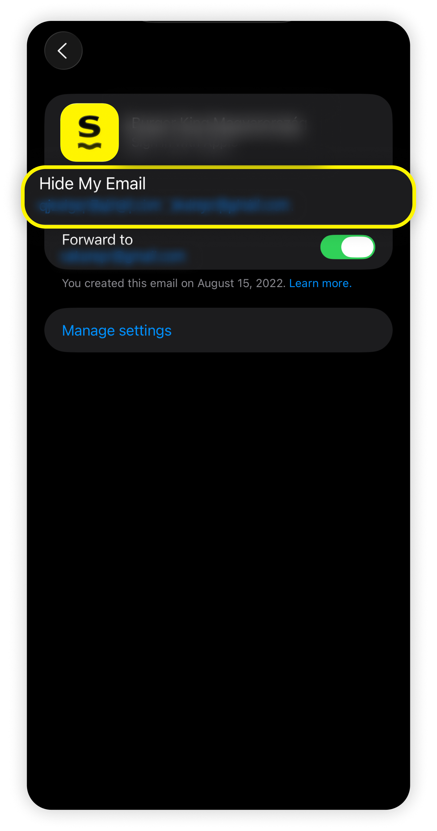 Saily Private relay page with Hide My Email section highlighted