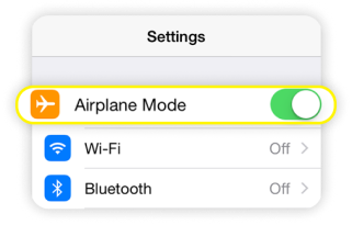 Menu de definições do iOS com o modo de voo ativado