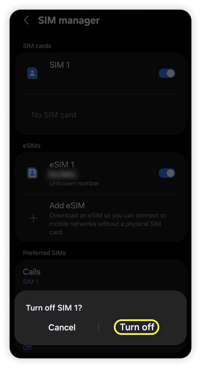Android-melding om sim 1 uit te schakelen, Uitschakelen is gemarkeerd