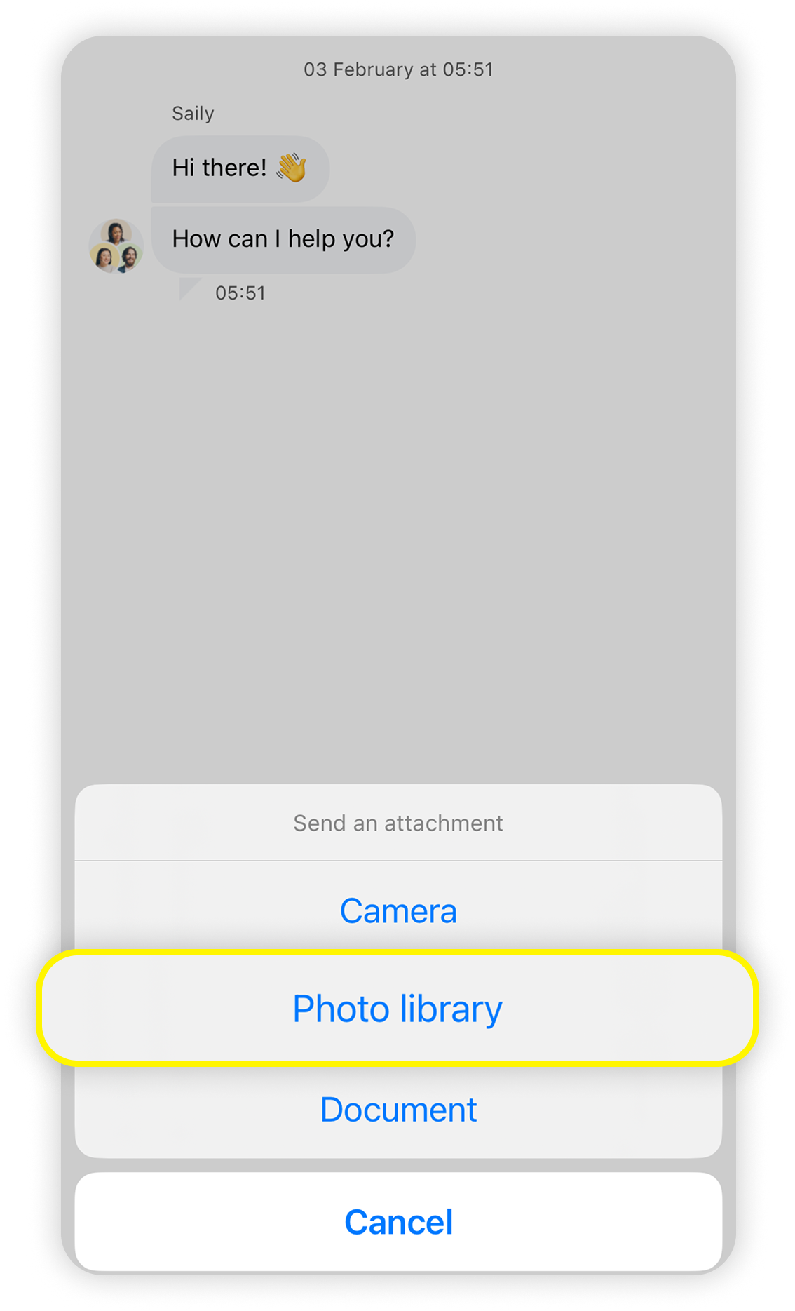 Vista da secção de apoio ao cliente da aplicação Saily para iOS, o botão da galeria de fotografias está em destaque