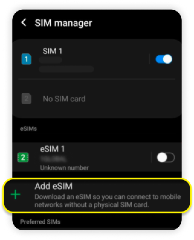 Android SIM 卡管理員設定選單，其中「新增 eSIM」已醒目顯示