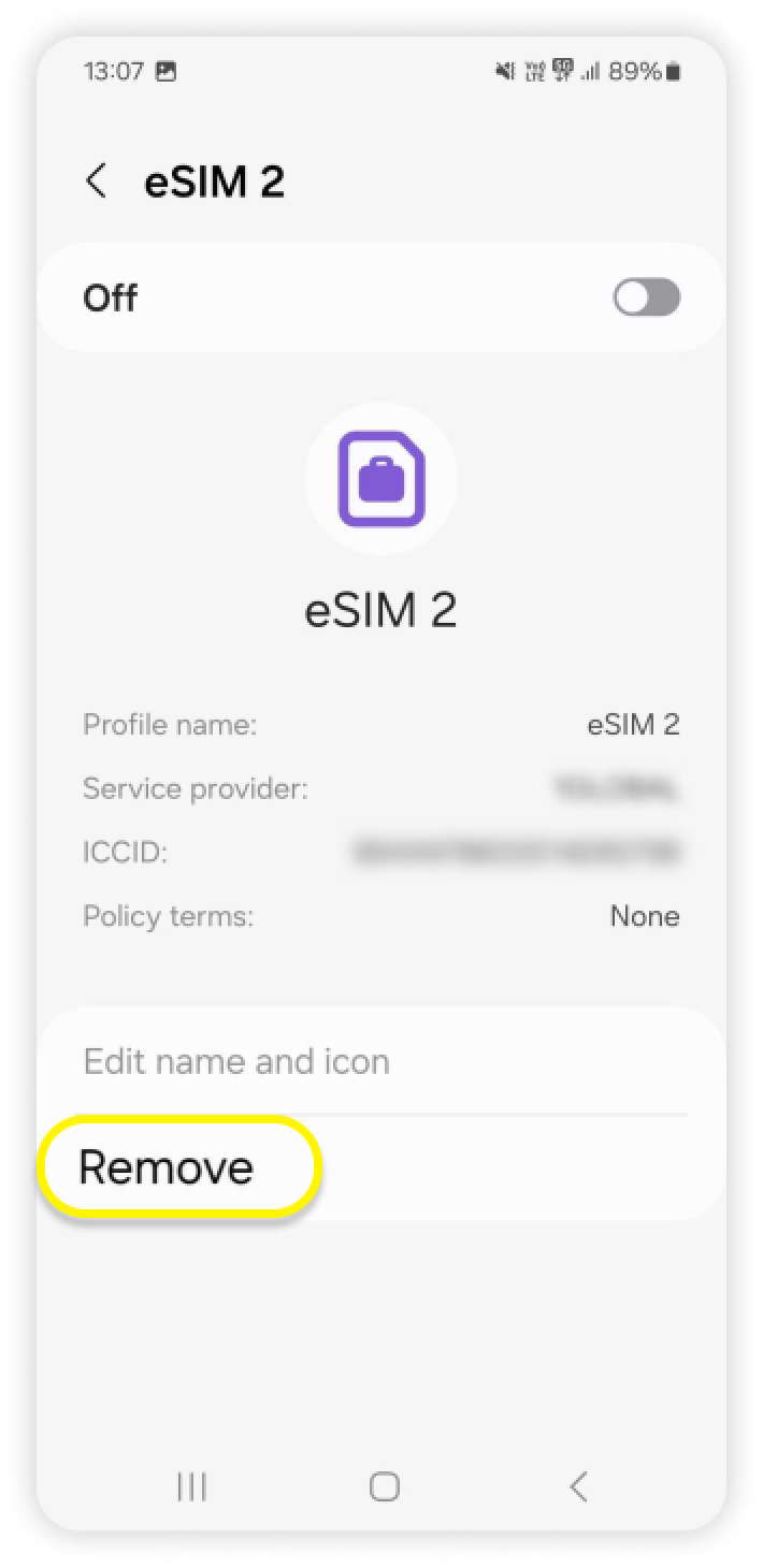 eSIM 頁面，其中「移除」已醒目顯示