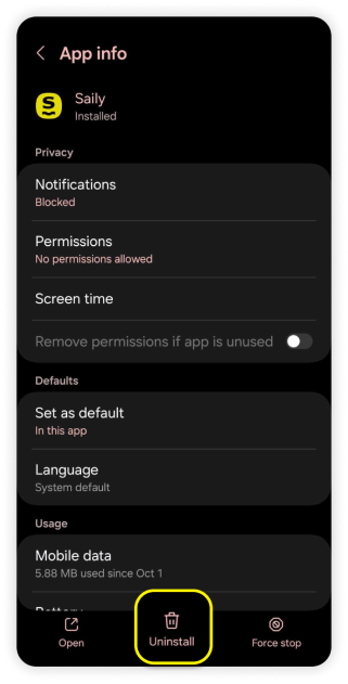 App information pop-up with remove app highlighted