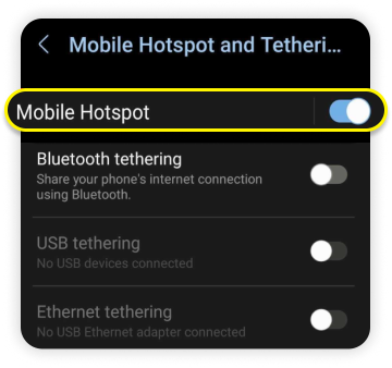 Página de hotspot com Hotspot móvel ativado e destacado