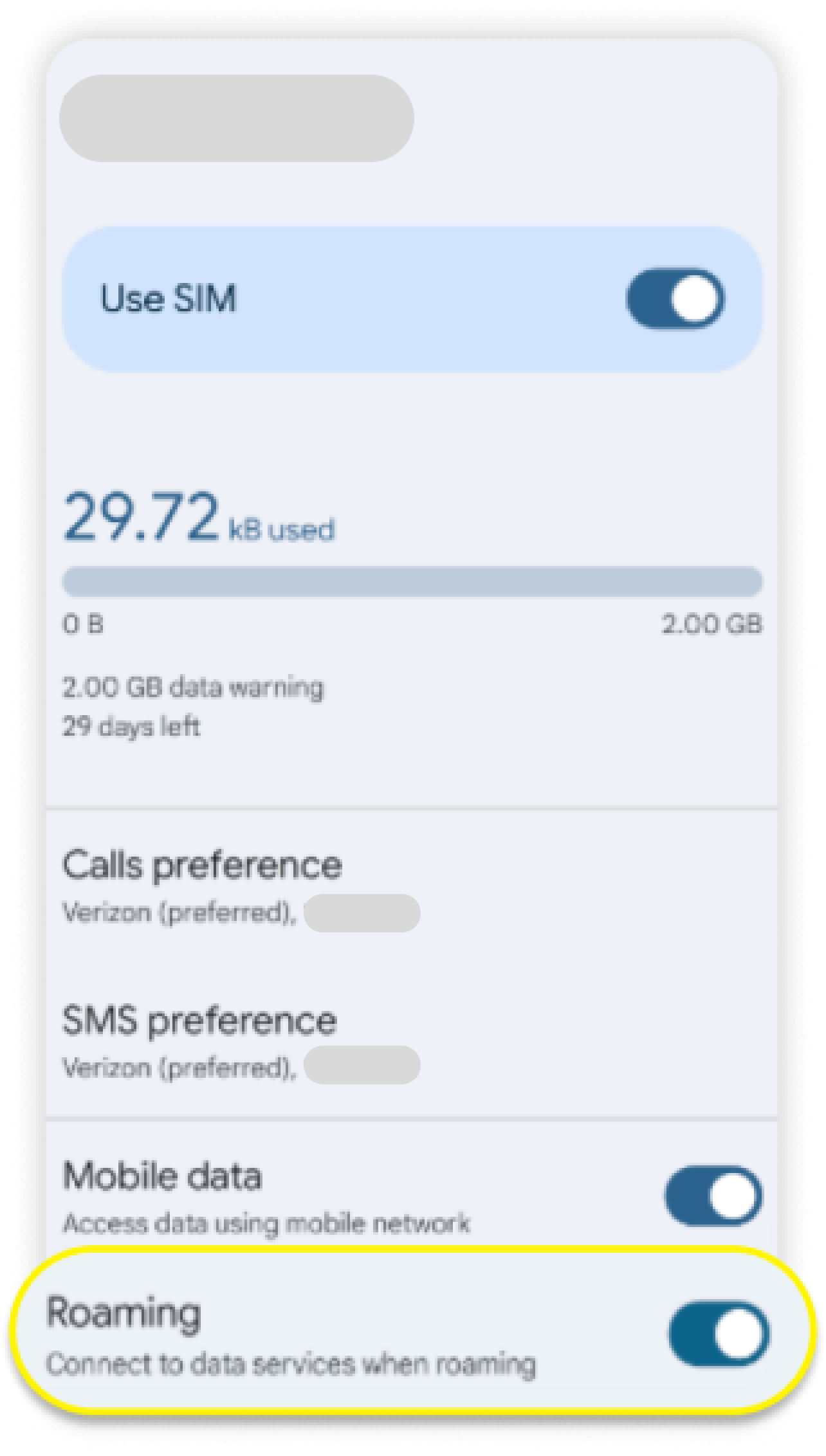 Página SIM com Roaming ativado e em destaque